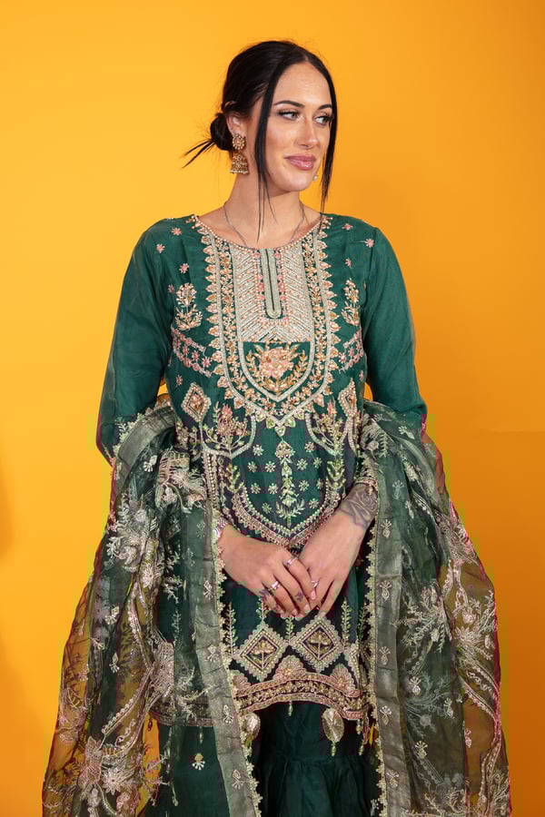 Qalamkar mehndi 3 piece gharara suit - Image 5