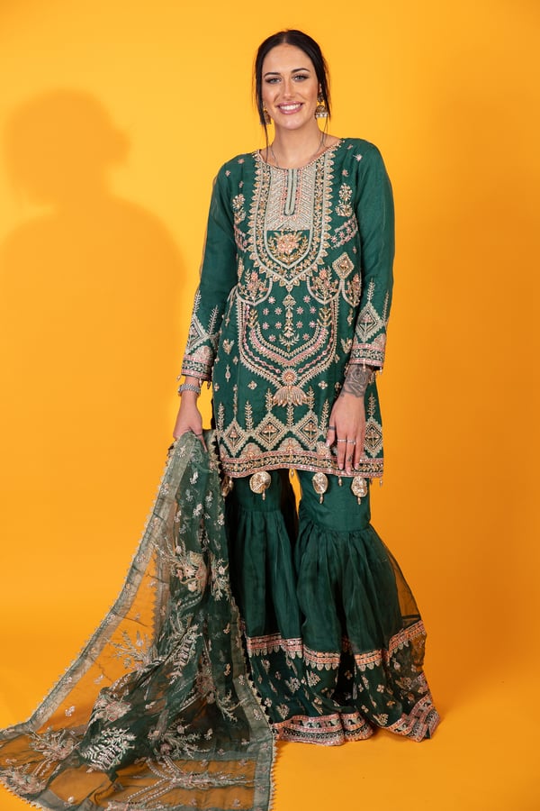 Qalamkar mehndi 3 piece gharara suit - Image 2