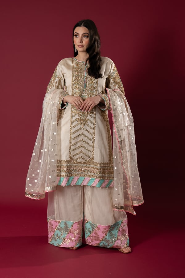 3 Piece thread work embroidered raw silk suit