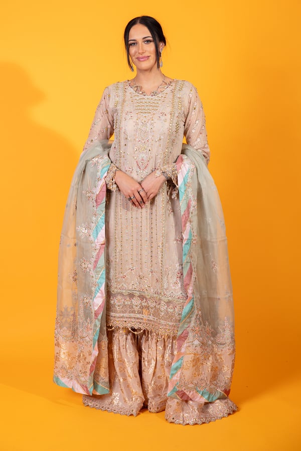Qalamkar inspired 3 piece luxury embroidered gharara suit - Image 2