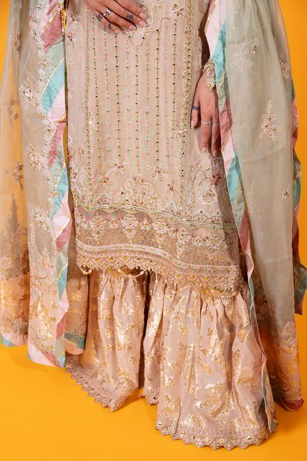 Qalamkar inspired 3 piece luxury embroidered gharara suit - Image 11