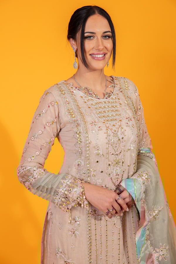 Qalamkar inspired 3 piece luxury embroidered gharara suit - Image 6