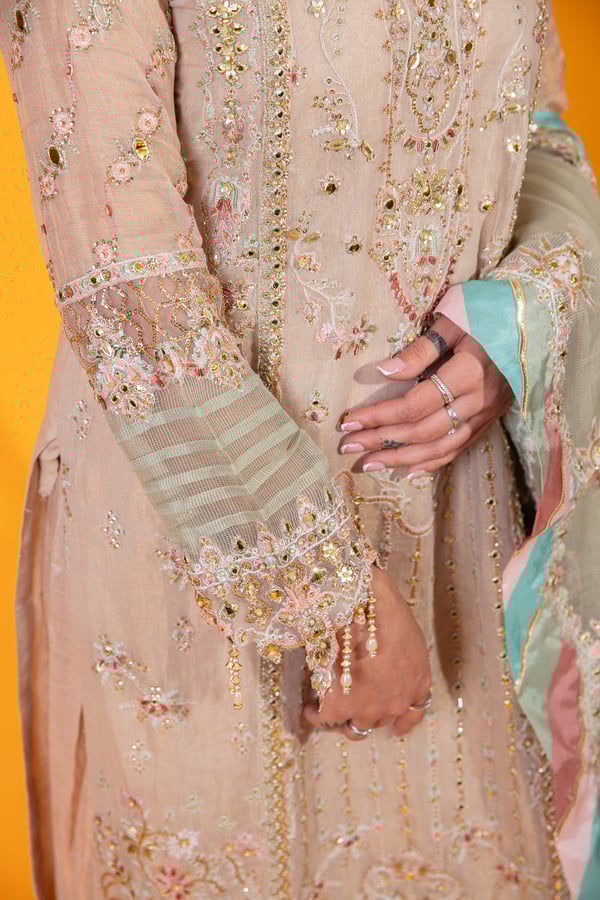 Qalamkar inspired 3 piece luxury embroidered gharara suit - Image 10