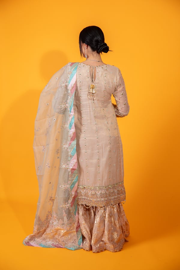 Qalamkar inspired 3 piece luxury embroidered gharara suit - Image 4
