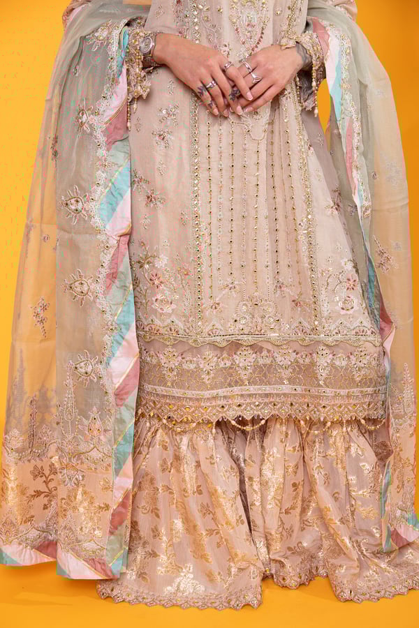 Qalamkar inspired 3 piece luxury embroidered gharara suit - Image 12