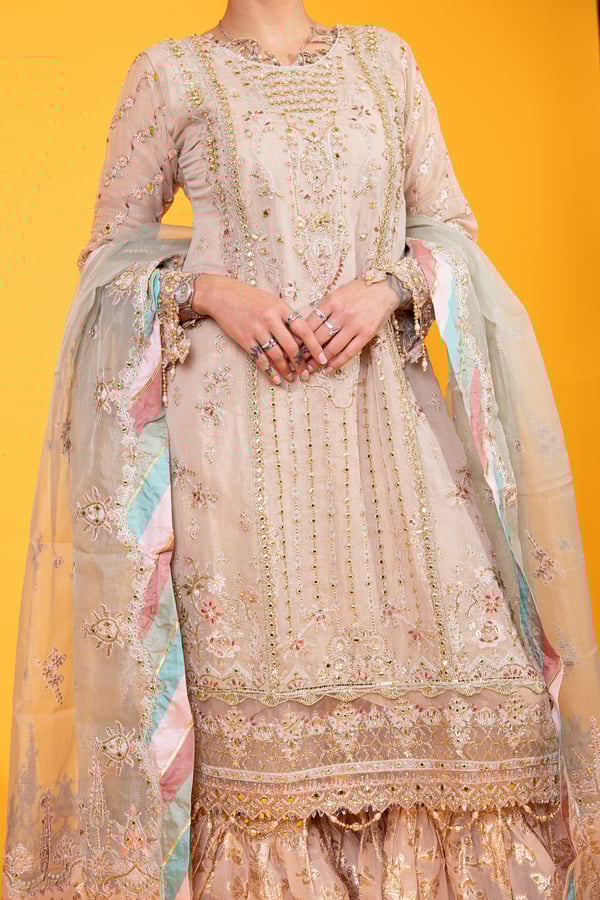 Qalamkar inspired 3 piece luxury embroidered gharara suit - Image 9