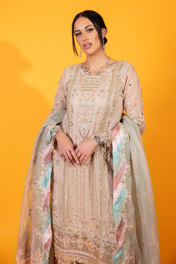 Qalamkar inspired 3 piece luxury embroidered gharara suit - Image 5