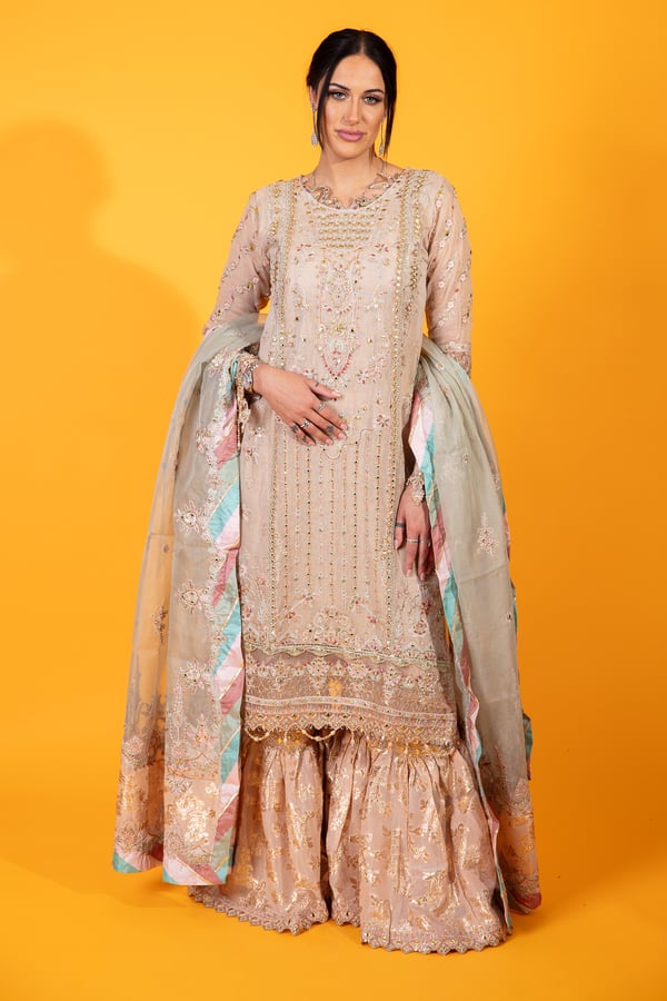Qalamkar inspired 3 piece luxury embroidered gharara suit