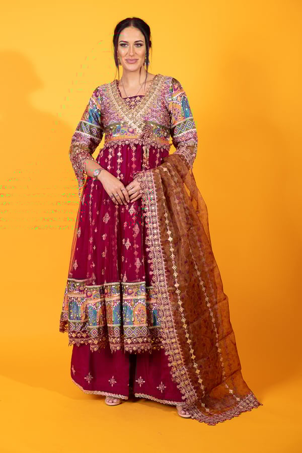 Qalamkar inspired 3 piece peplum plazo suit - Magenta, Small