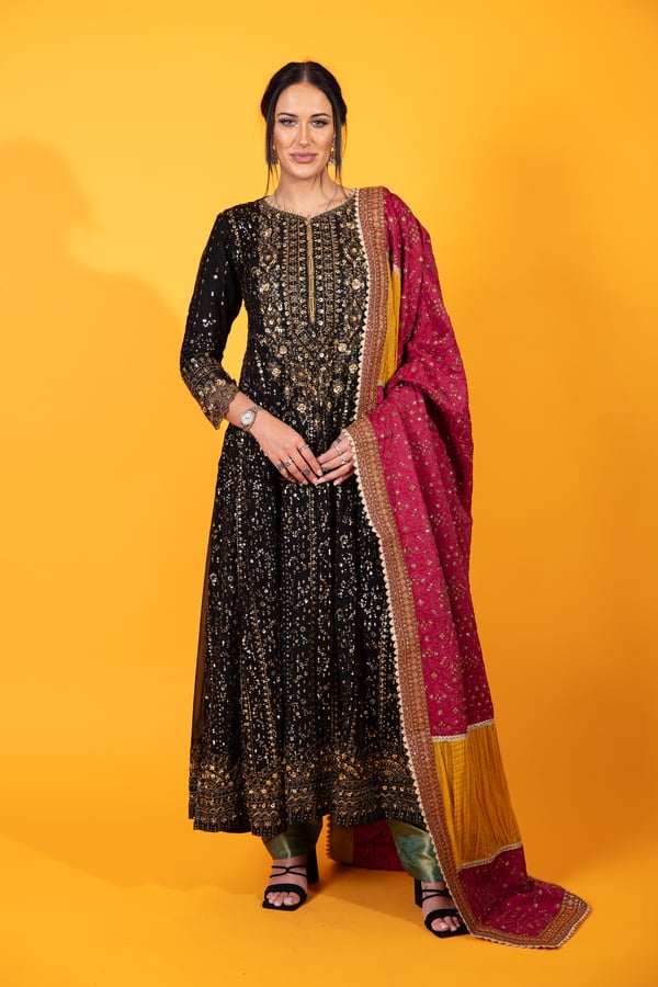 Qalamkar 3 piece embroidered long dress