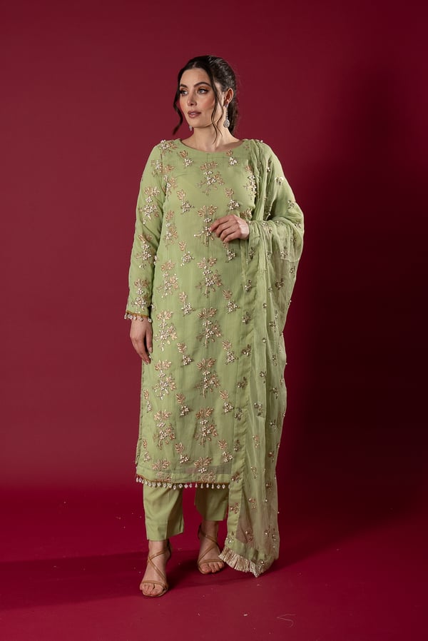 Alara collection 3 piece luxury embroidered suit - Mint, X-Large