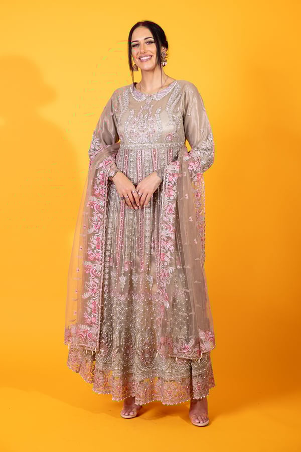 Shiffonz pearl embroidered long dress - Beige, Large