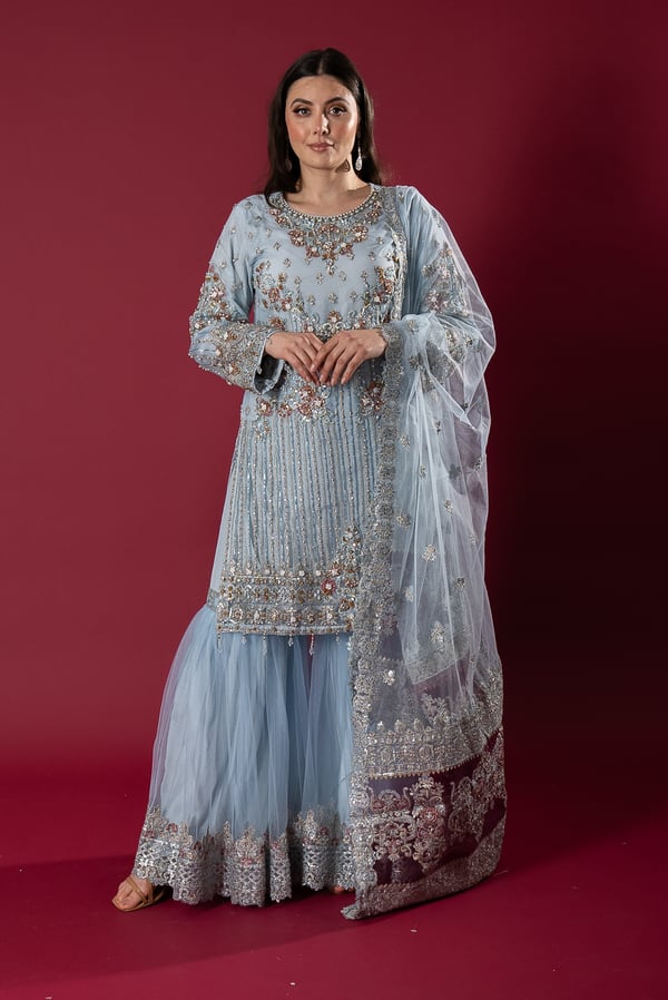 Imrozia 3 piece embroidered gharara suit - SBLUE, Small