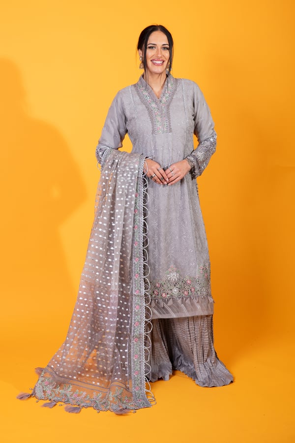 Maria b 3 piece embroidered plazo suit - Grey, Large