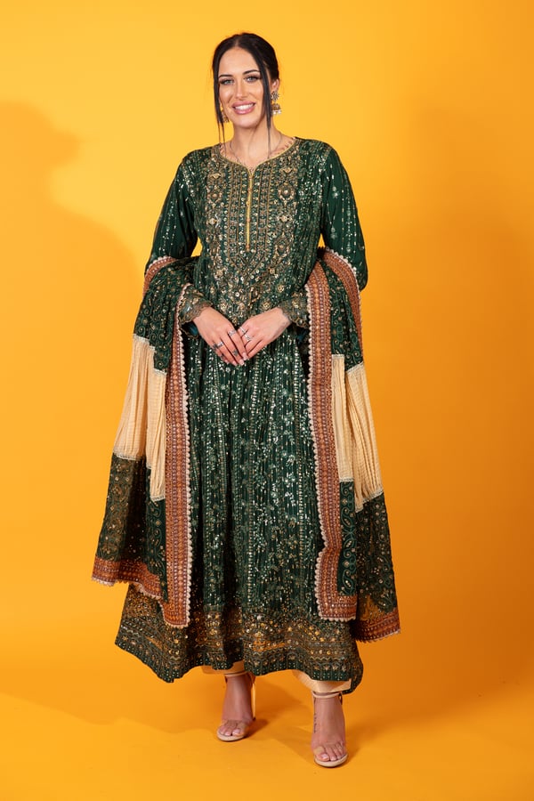 Qalamkar 3 piece embroidered long dress - Green, Small