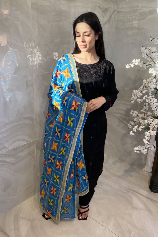 Phulkari thread work embroidered dupatta - Blue, FREE SIZE