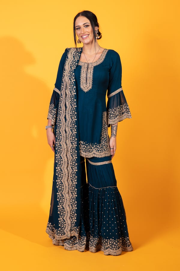 Shiffonz 3 piece thread work embroidered gharara suit