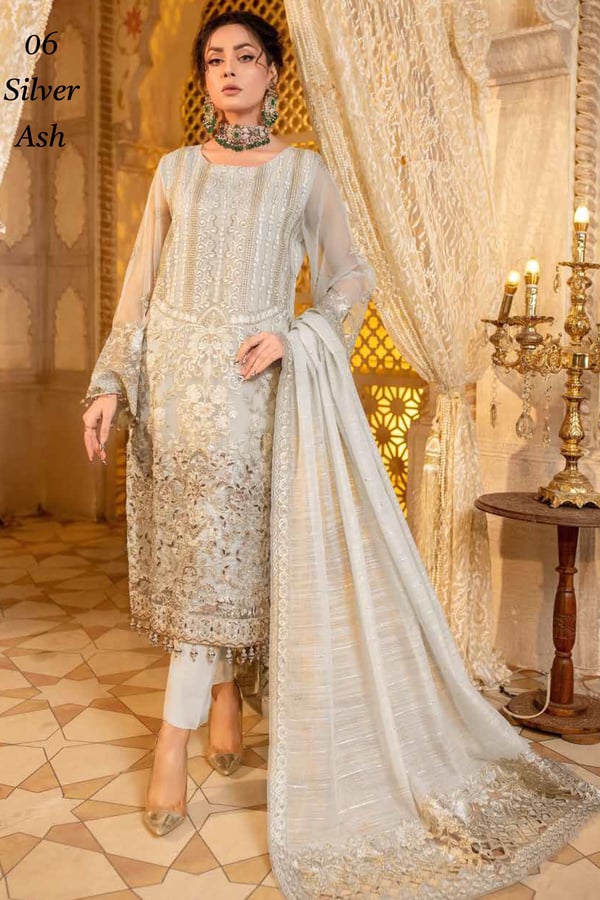 Dastaan by Shiffonz 3 piece silver ash suit