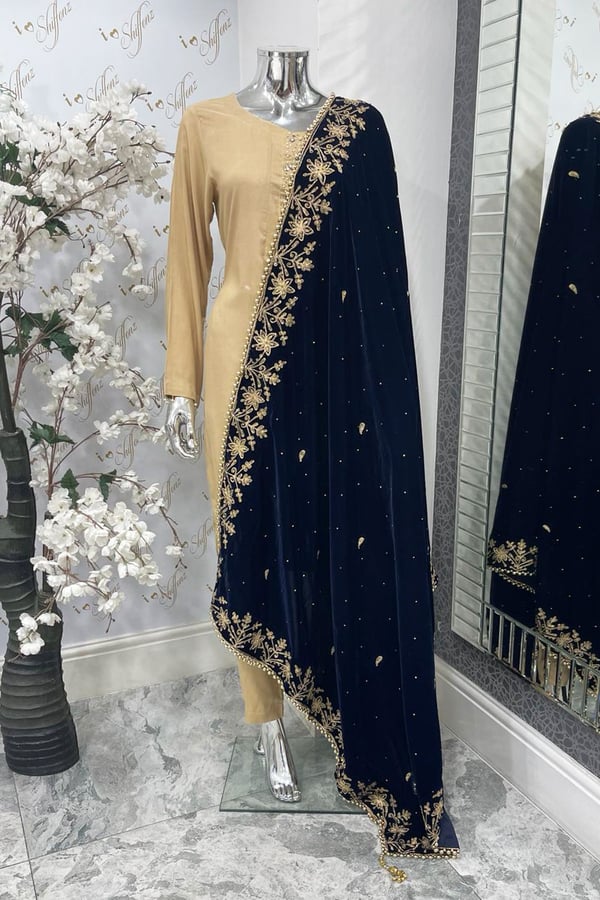 Velvet heavy embroidered shawl - Navy, FS