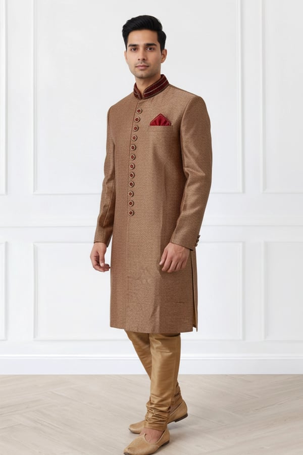 Classic sherwani with velvet collar detailing - Maroon, 40
