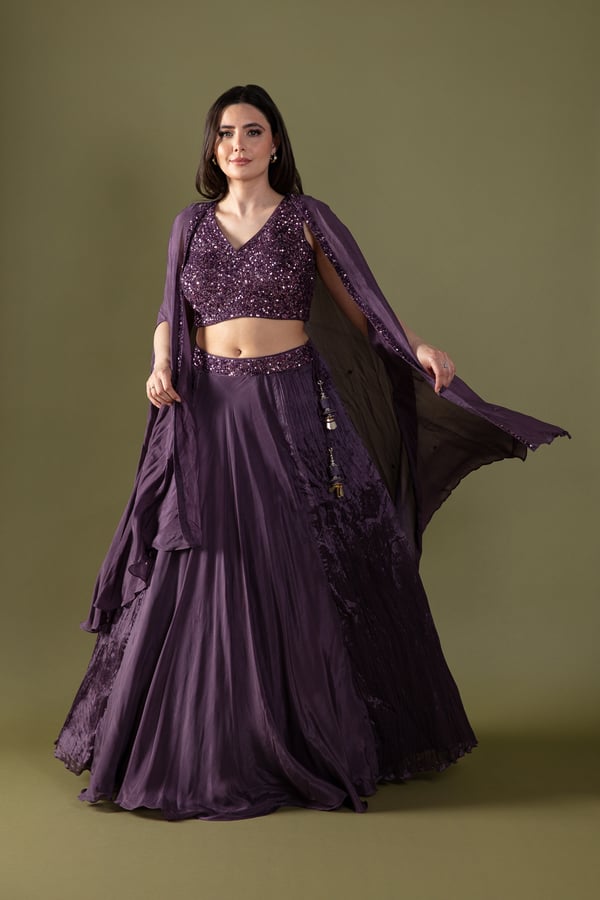 Sequence luxury embroidered lengha choli - Plum, 34