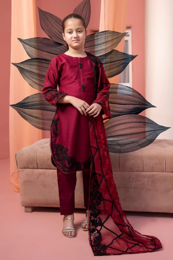 Khoobsurat 3 piece kids mother and daughter collection - Maroon, 22