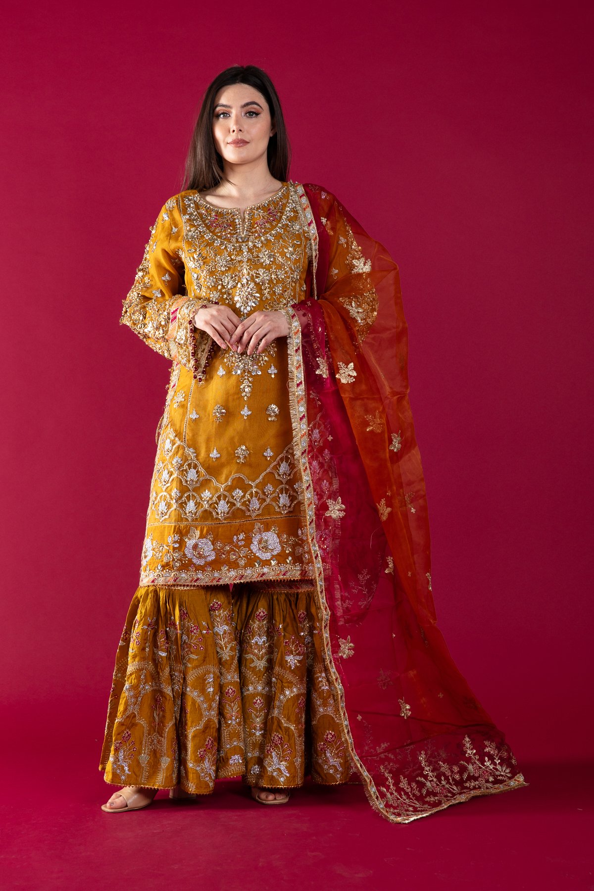 Maria b 3 piece mehndi gharara suit