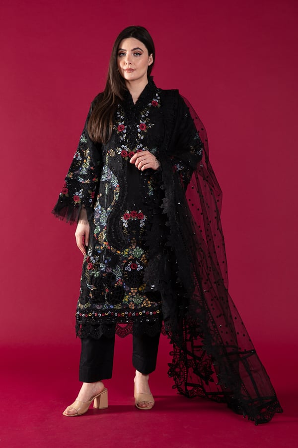 Maria b 3 piece embroidered dress - Black, X - Large