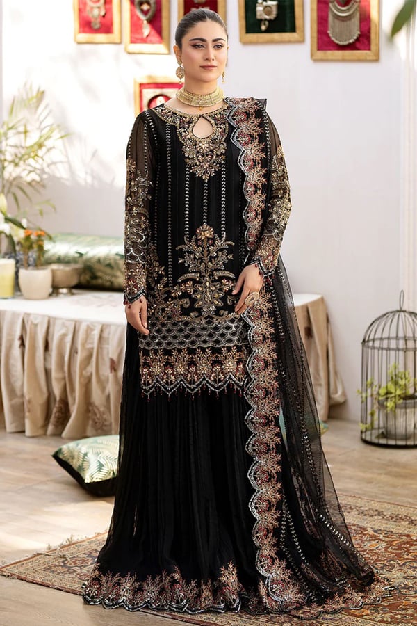 Shahjahan 3 piece embroidered sharara suit - Black, X - Large