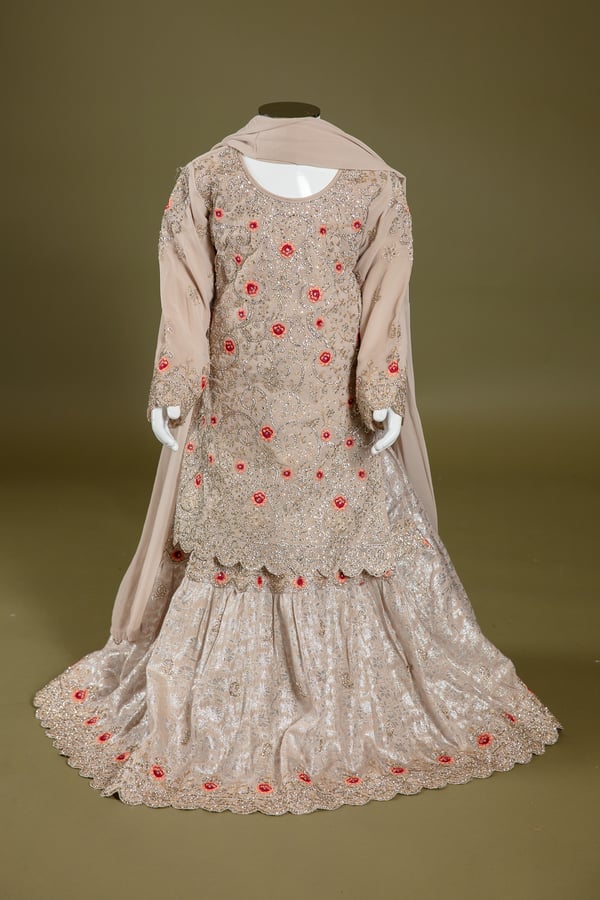 3 Piece luxury embroidered kids lengha suit - Beige, 22