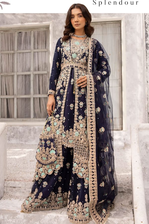 3 Piece thread work embroidered jacket style suit - Navy, X - Large