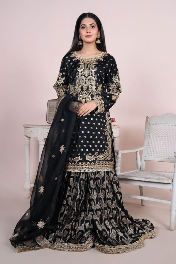 Shiffonz 3 piece organza gharara suit - Black, Large