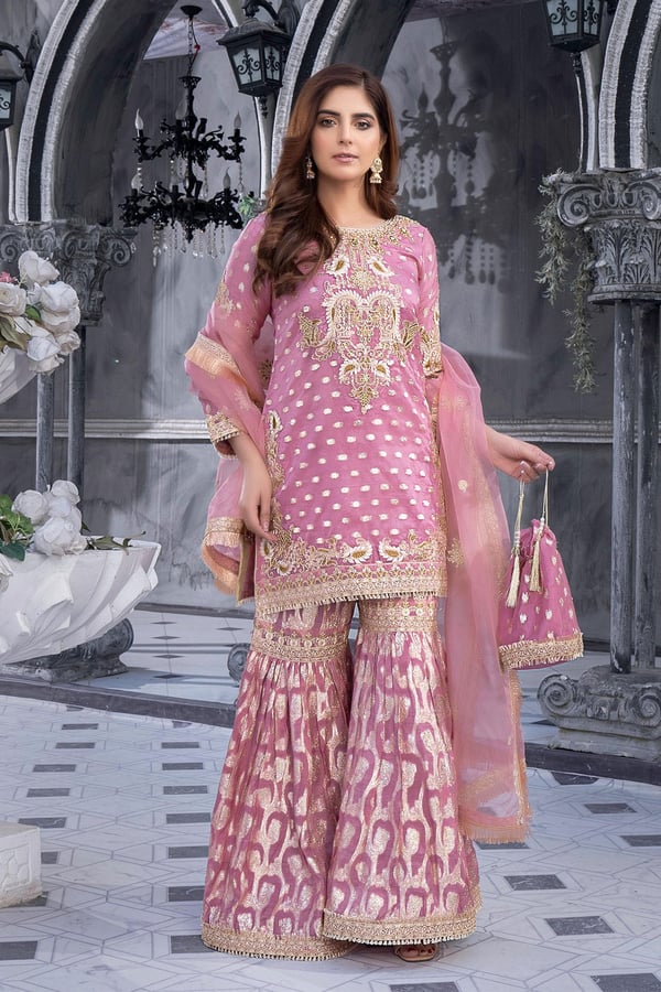 Shiffonz 3 piece organza gharara suit - Pink, Large