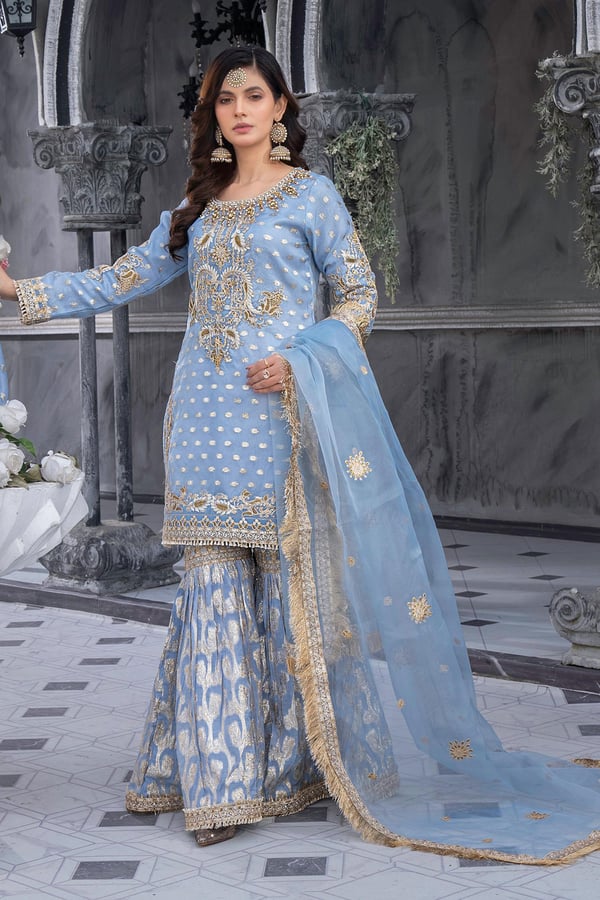 Shiffonz 3 piece organza gharara suit - SBLUE, Large