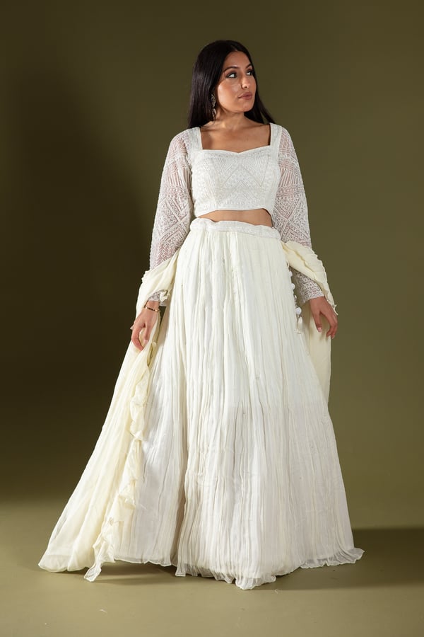 Shiffonz 3 piece motif embroidered lengha choli - Cream, 34
