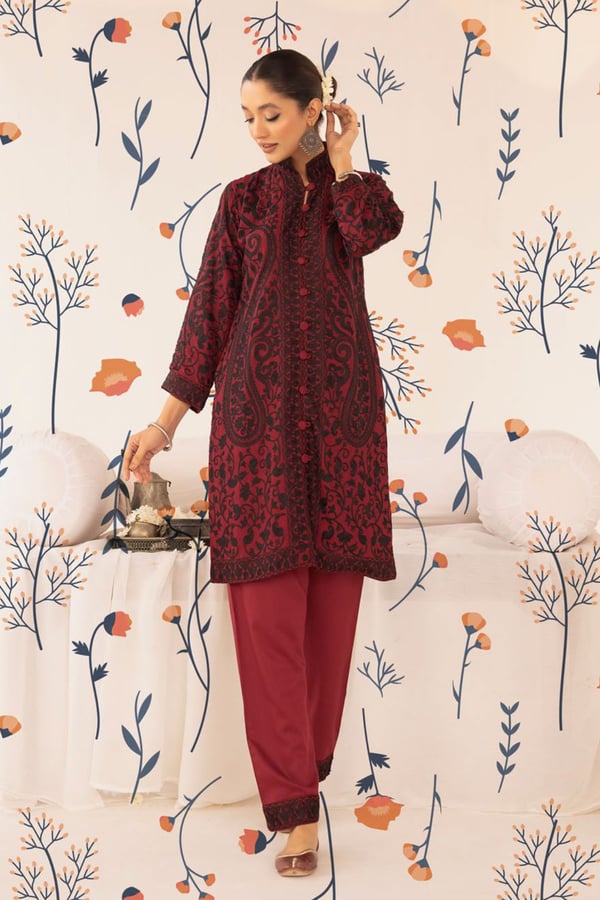 Phulkari embroidered co-ord set - Maroon, X - Large