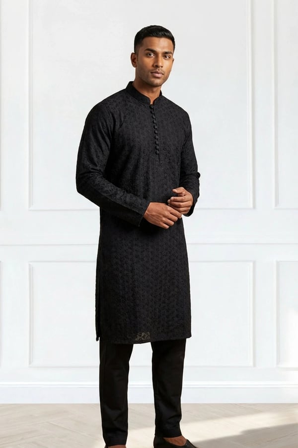 Men's chikan kari kurta set - Black, 36