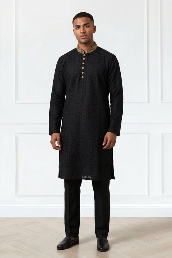 Men's embroidered chikan kari kurta set - Black, 34