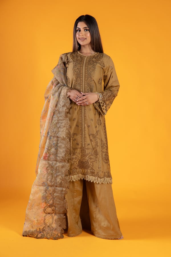 Qalamkaar 3 piece chikankari embroidered plazo suit - Image 2