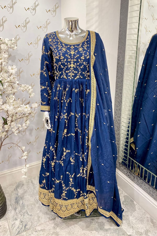 Shiffonz raw silk embroidered gown - Navy, 34