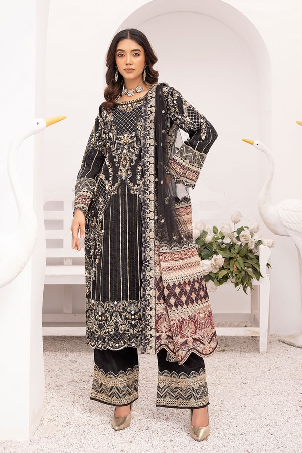 Imrozia 3 piece luxury embroidered plazo suit - Black, Large