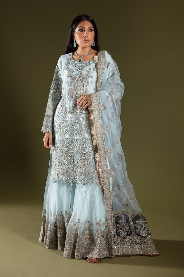 Imrozia 3 piece luxury embroidered gharara suit - Blue, Large