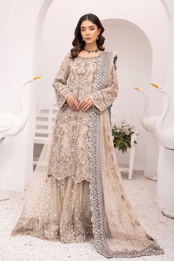 Imrozia 3 piece luxury embroidered sharara suit