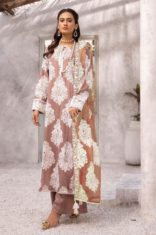 Jannat Floral collection 3 piece embroidered suit - Brown, X - Large
