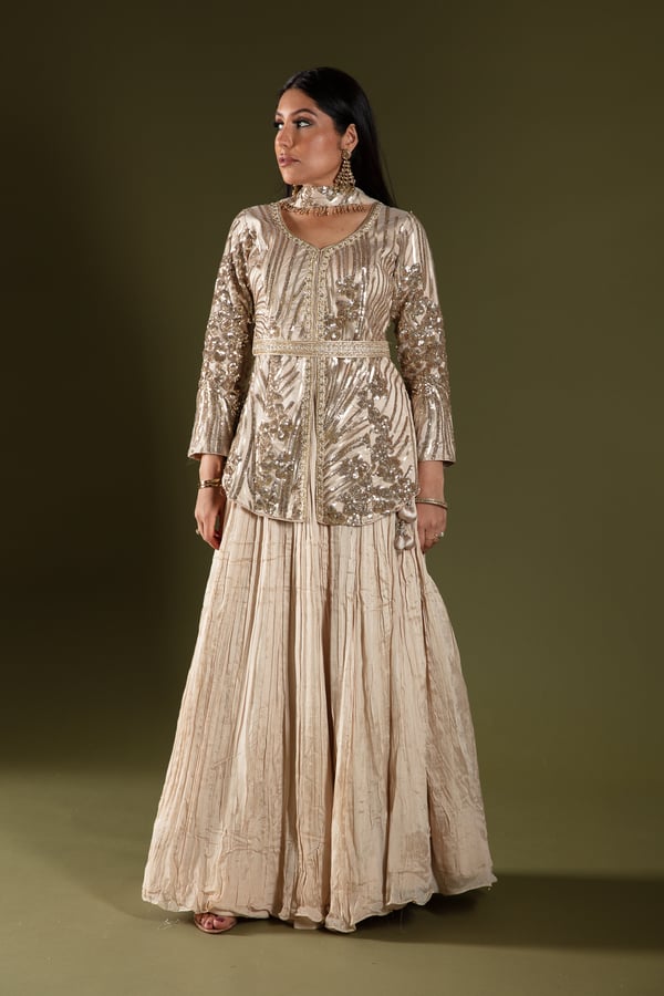 Shiffonz 3 piece lengha choli with jacket style shirt