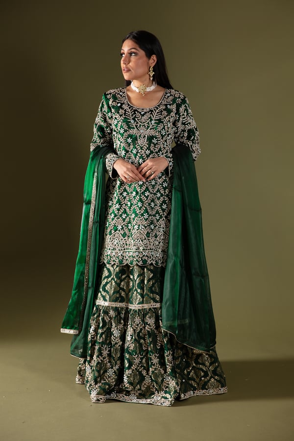 Shiffonz 3 piece raw silk embroidered lengha suit - DGREEN, 36