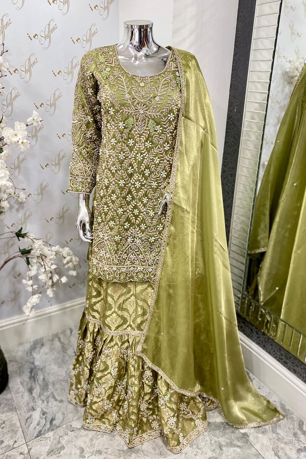Shiffonz 3 piece raw silk embroidered lengha suit - Green, 36