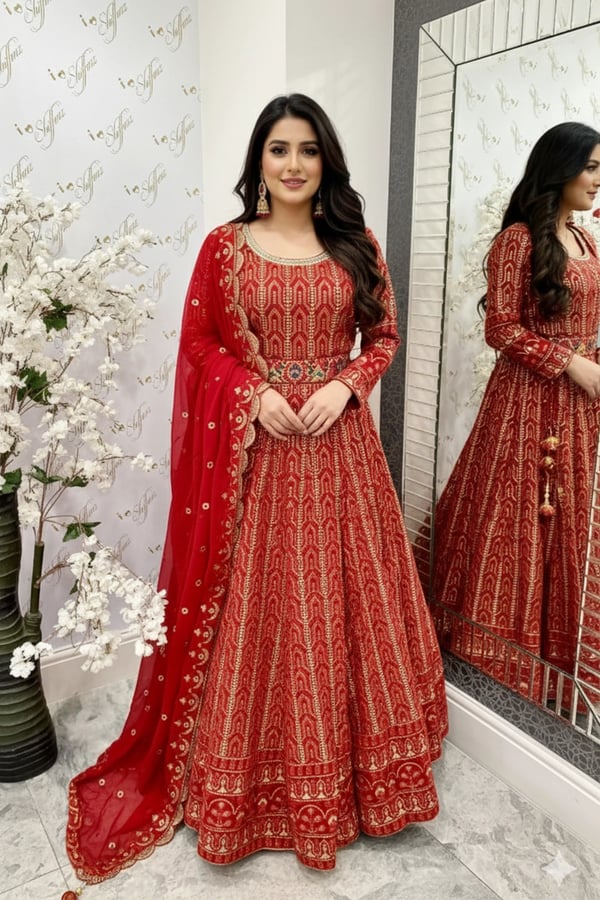 Shiffonz thread work embroidered lengha choli - Red, 40