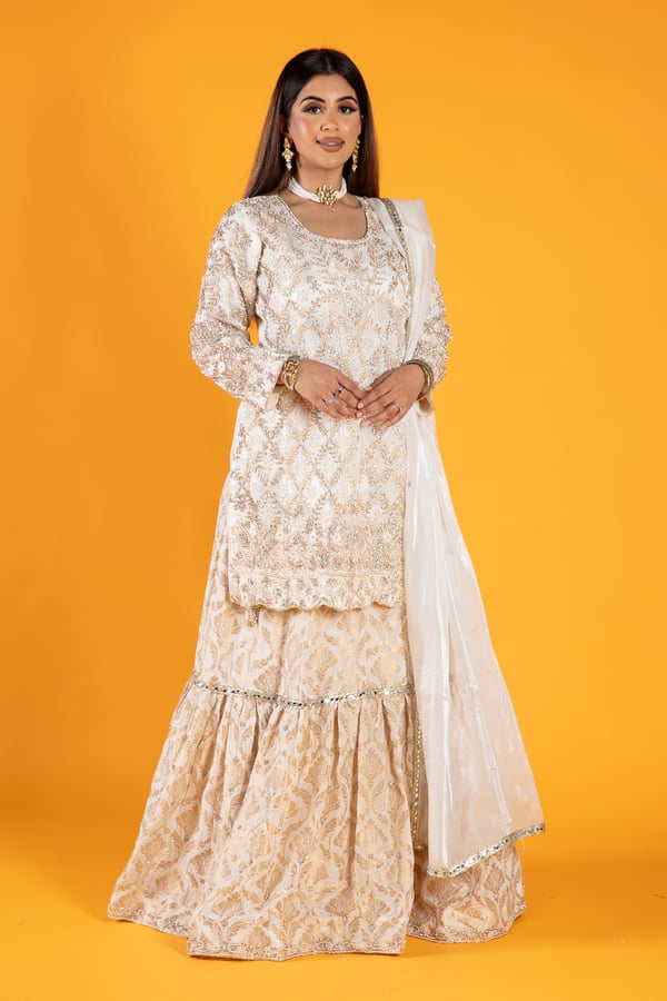 Shiffonz 3 piece raw silk embroidered lengha suit - WHTE, 36