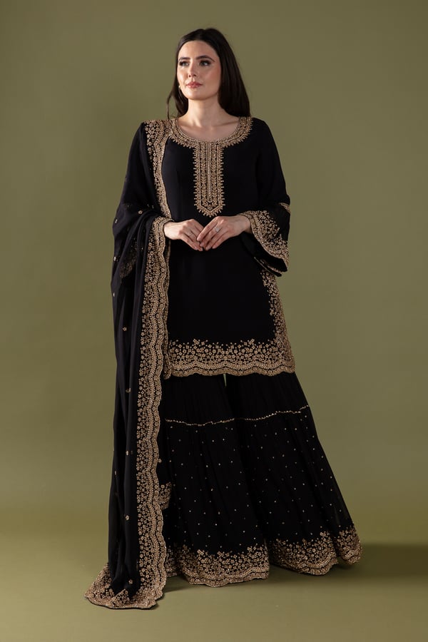 Shiffonz 3 piece thread work embroidered gharara suit - Black, 34